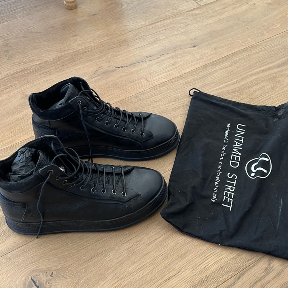 Untamed Street COLE rugged black welted distressed high sneakers.